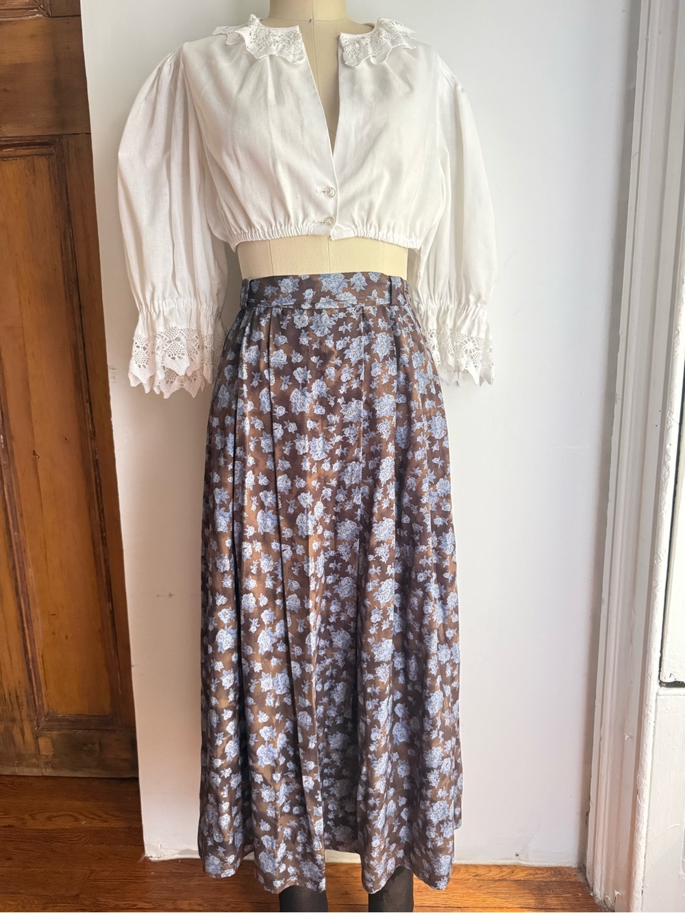 Handmade Silk Brown and Blue Watercolor Floral Print Skirt English Countryside